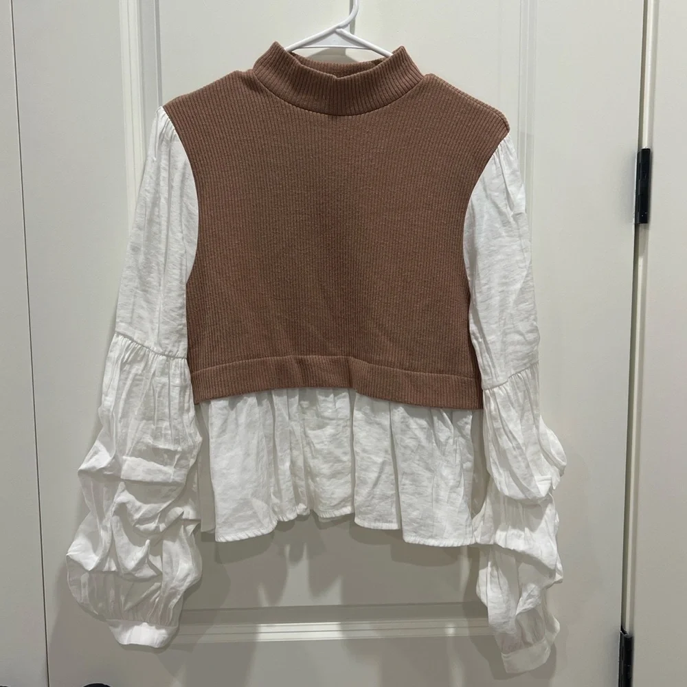 Anthropologie Peplum Sweater Top Size L Brown Ribbed Knit Ruffle Sleeve Blouse